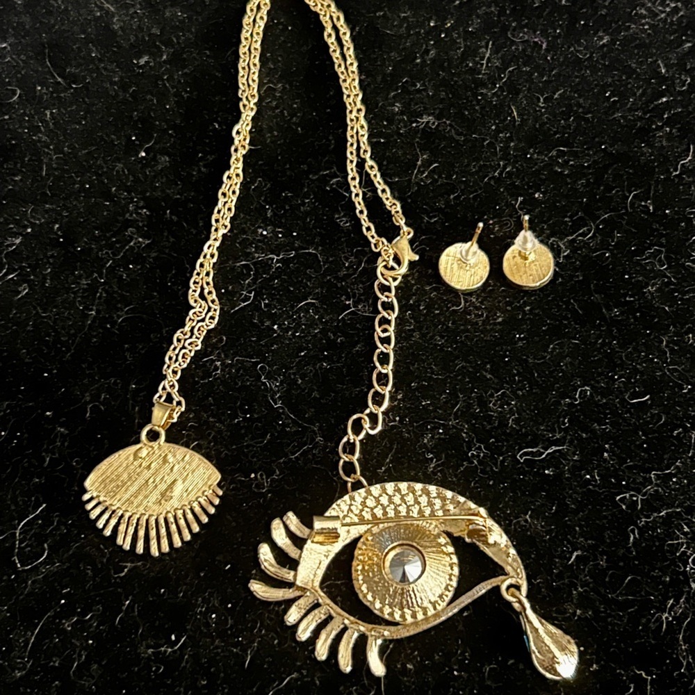 🪬 Mystic Blue Evil Eye Necklace Set.  Broach, earrings and Necklace - Picture 6 of 6